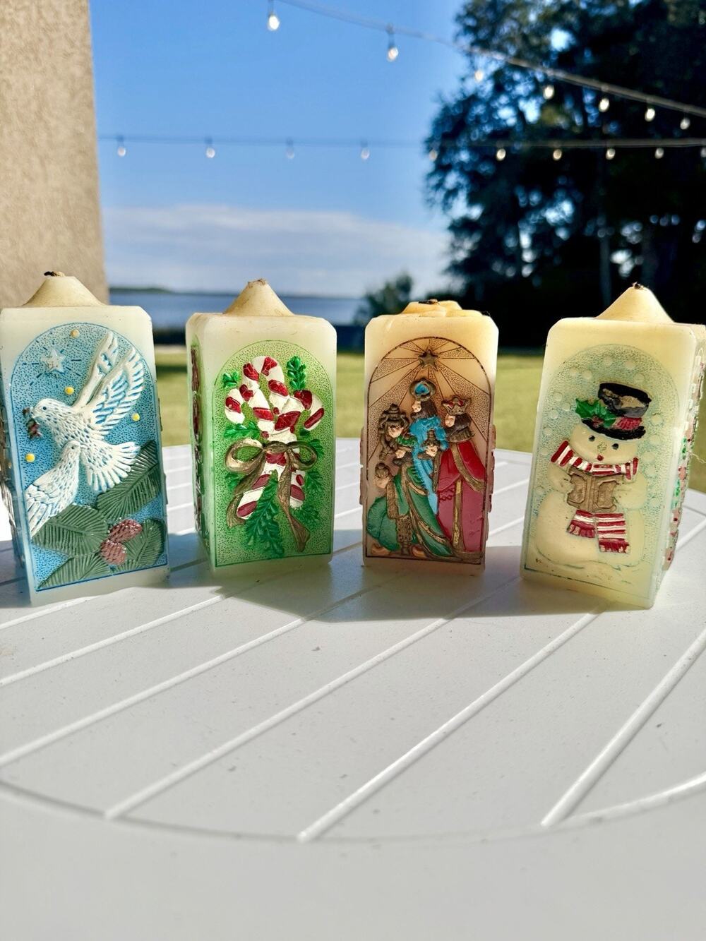 Vintage Jasco Christmas Candles, Set Of 4 Hand Painted. 3 Wise Men, Silent Night